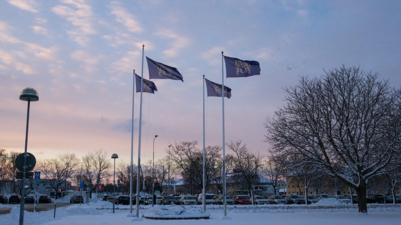Snö på marken. Fyra flaggor på flaggstång vid en parkering.