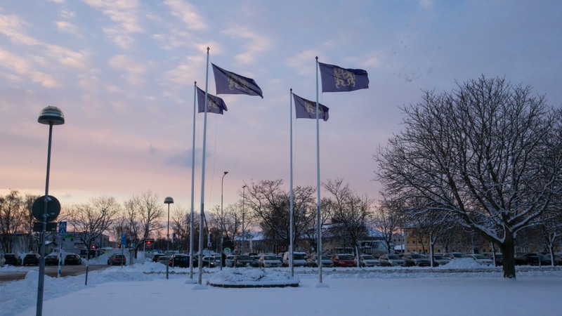 Snö på marken. Fyra flaggor på flaggstång vid en parkering.