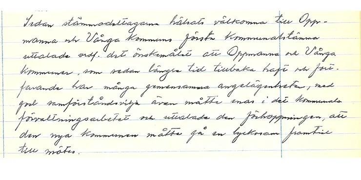 Från protokollet från kommunfullmäktiges första sammanträde i det nybildade Oppmanna-Vånga kommun 22 januari 1950