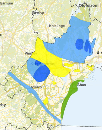 Kartan visar områden med risk för markradon.