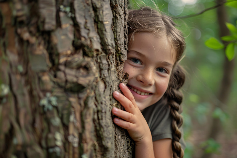 Liten flicka tittar fram bakom en trädstam