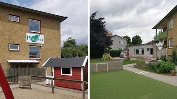 Montessoriförskolan Päronet med lekstuga, lekplats och innergård. 