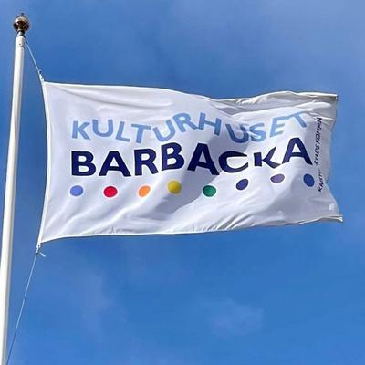 Närbild på Barbackas flagga mot blå himmel.